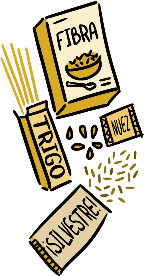 Ilustración de un cereal alto en fibra, arroz silvestre, pasta de trigo integral y nueces.