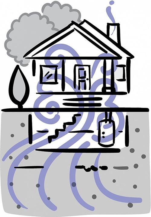 Ilustración del remolino de gas que se filtra desde el suelo hacia un sótano y en un hogar
