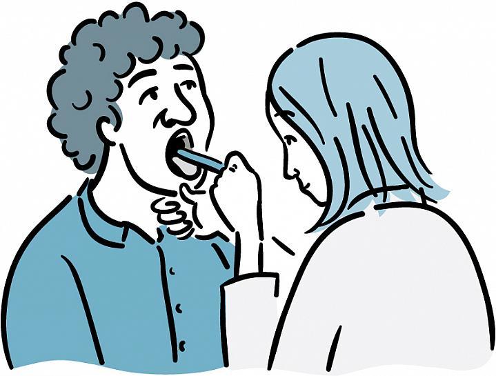 Ilustración de un médico examinando la parte posterior de la garganta de un paciente.