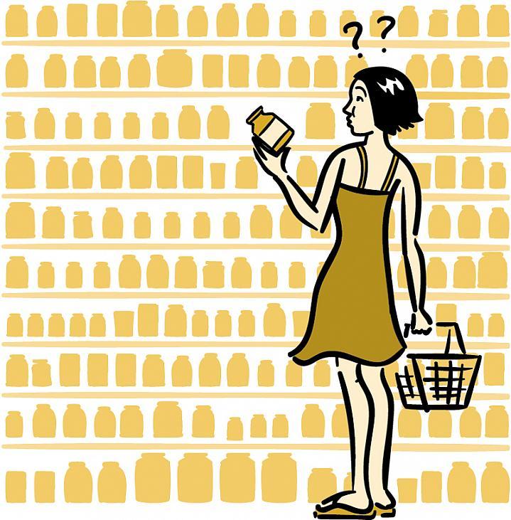 Ilustración de una mujer comprando suplementos dietéticos.
