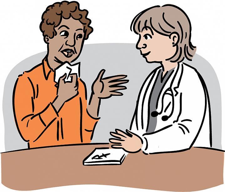 Ilustración de una mujer con un clínex cerca de su cara mientras habla con su médico, quien tiene un talonario de recetas a la mano.