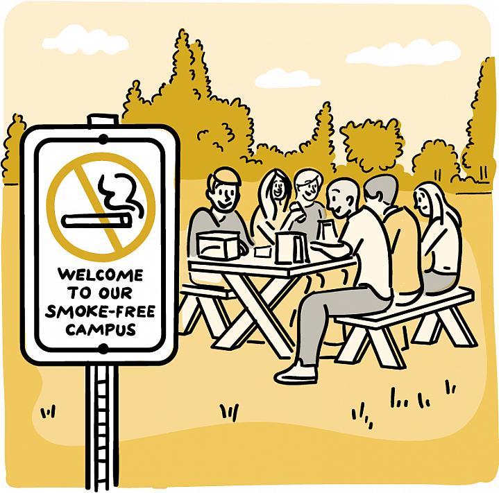 Caricatura de un cartel de No Fumar en una zona al aire libre y personas en la cercanía disfrutando de un día de campo.