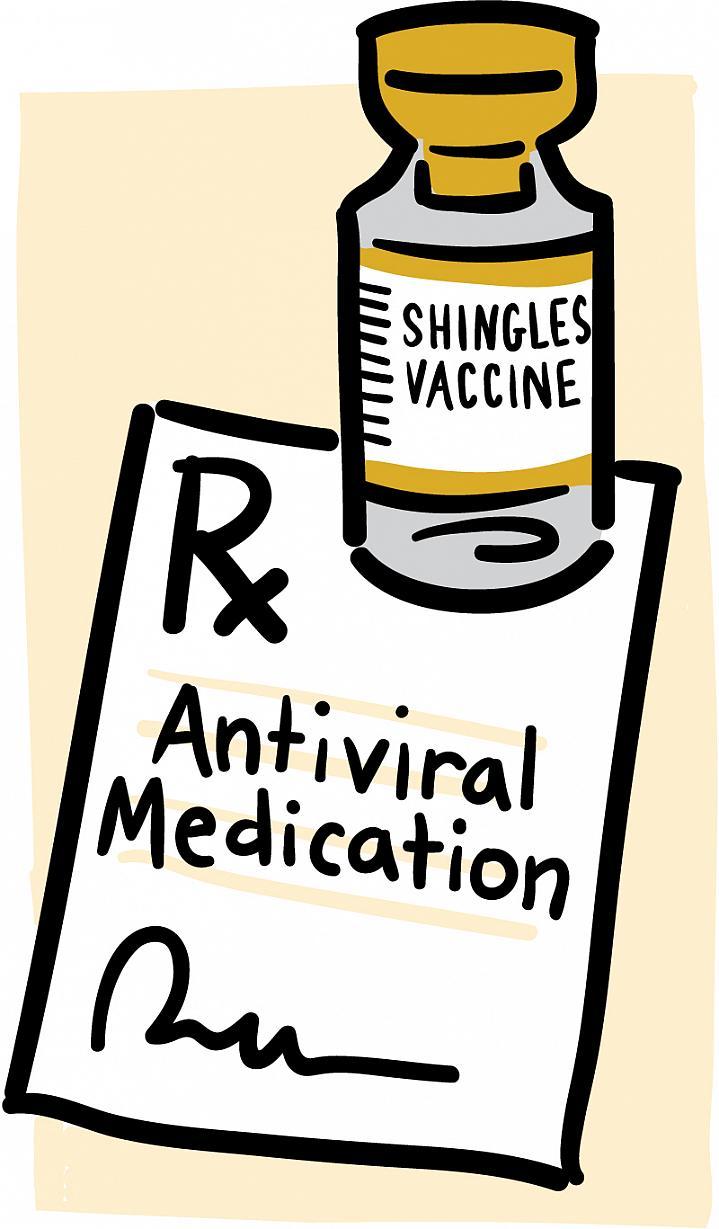 Caricatura de un vial etiquetado como vacuna contra la culebrilla y una receta para un medicamento antiviral.