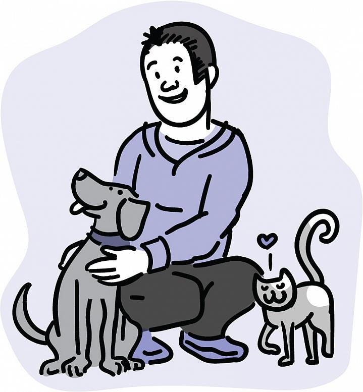 Ilustración de un hombre con sus mascotas.
