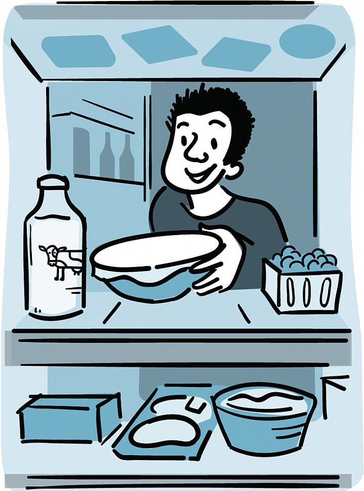 Ilustración de un hombre colocando los alimentos en el refrigerador.