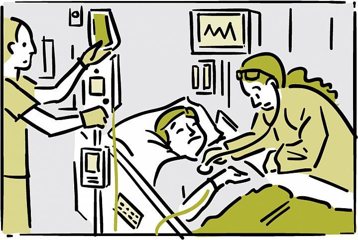 Ilustración de un paciente que recibe atención en una sala de hospital.