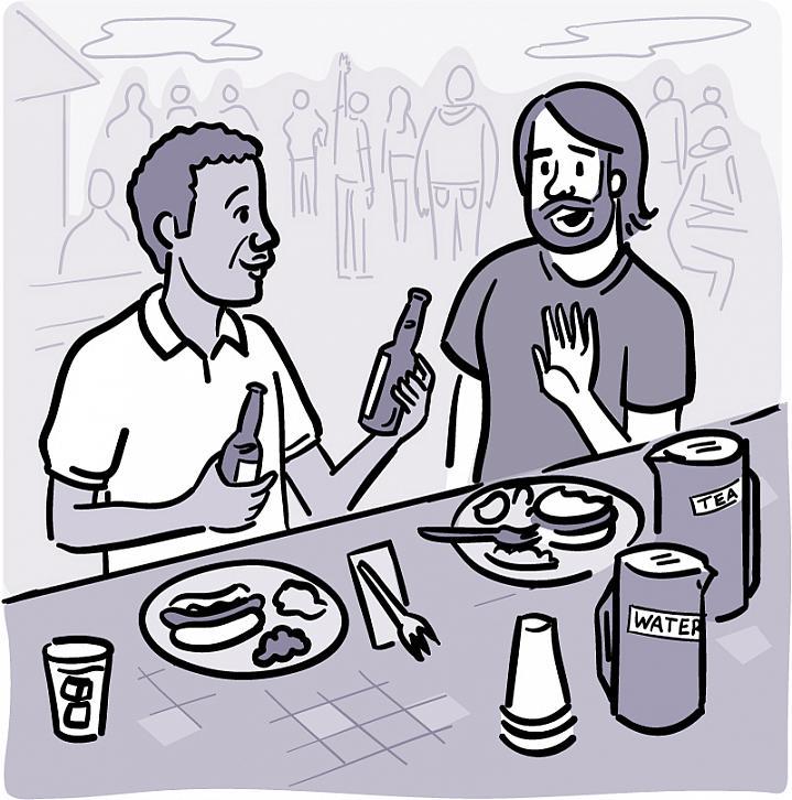 Ilustración de un hombre que se niega a beber lo que le ofrece su amigo en un picnic.