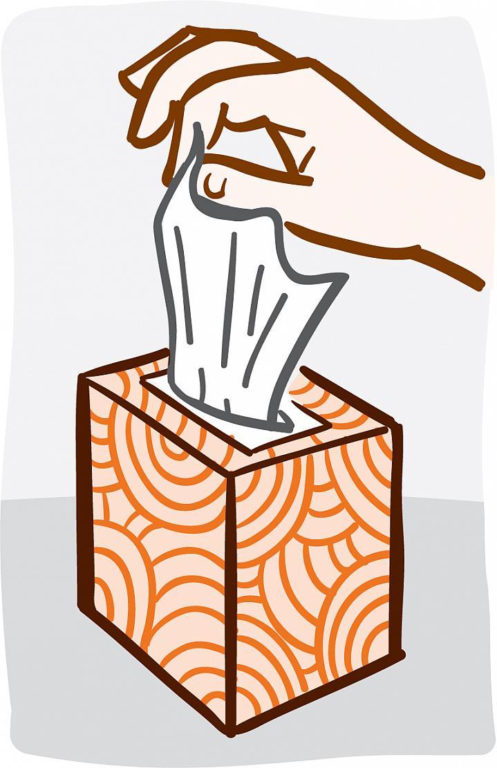 Ilustración de una mano que saca un pañuelo descartable de una caja.