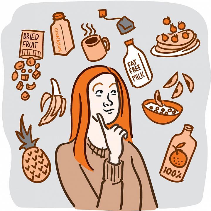 Ilustración de una mujer rodeada de alimentos saludables que no contienen azúcar agregada