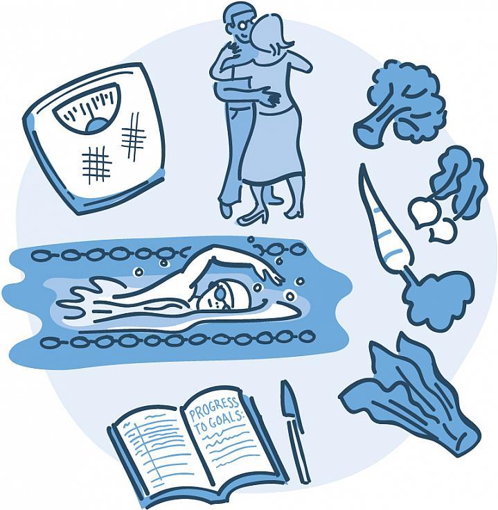 Ilustración de una pareja bailando, una mujer nadando, una balanza, un diario y verduras.