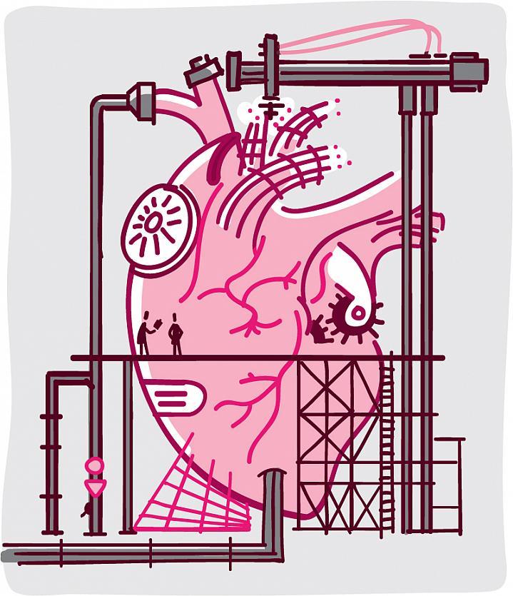 Ilustración caprichosa de un corazón siendo reparado por trabajadores de la construcción.