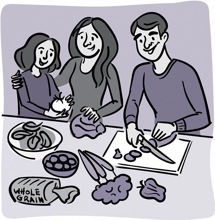 Ilustración de una familia haciendo una ensalada saludable.