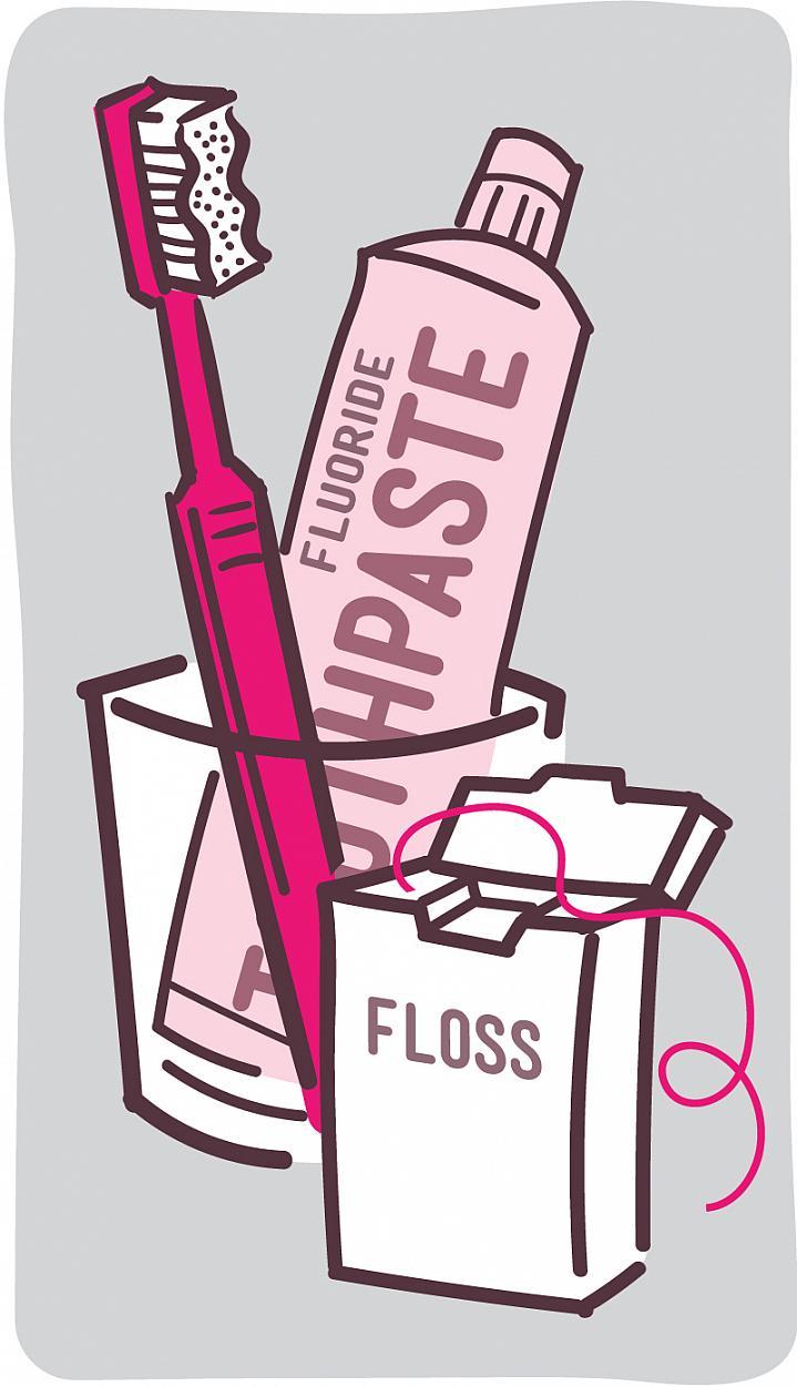 Ilustración de una crema dental, un cepillo de dientes e hilo dental.