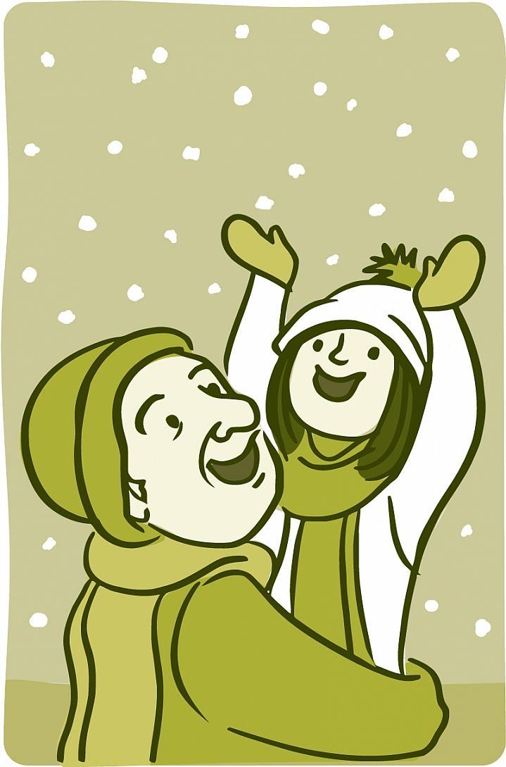 Ilustración de una persona mayor y un niño felices, bien abrigados con ropa invernal un día de nieve.