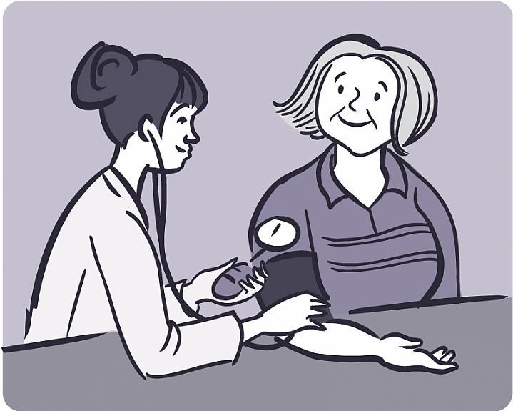 Ilustración de una mujer a la que le están tomando la presión arterial.