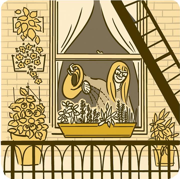 Ilustración de una mujer regando las plantas en el alféizar de la ventana.