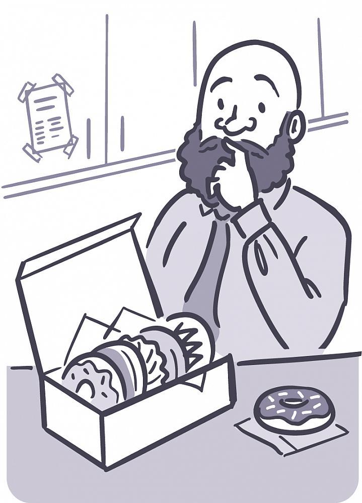 Ilustración de un hombre mirando pensativo una caja de donas.