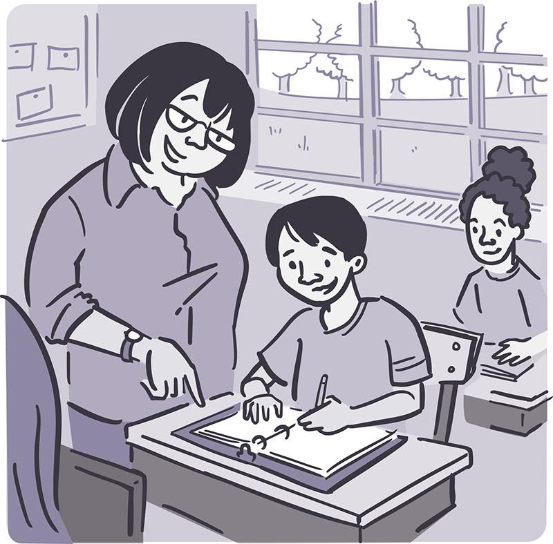 Ilustración de un maestro ayudando a estudiantes pequeños en un salón de clase.