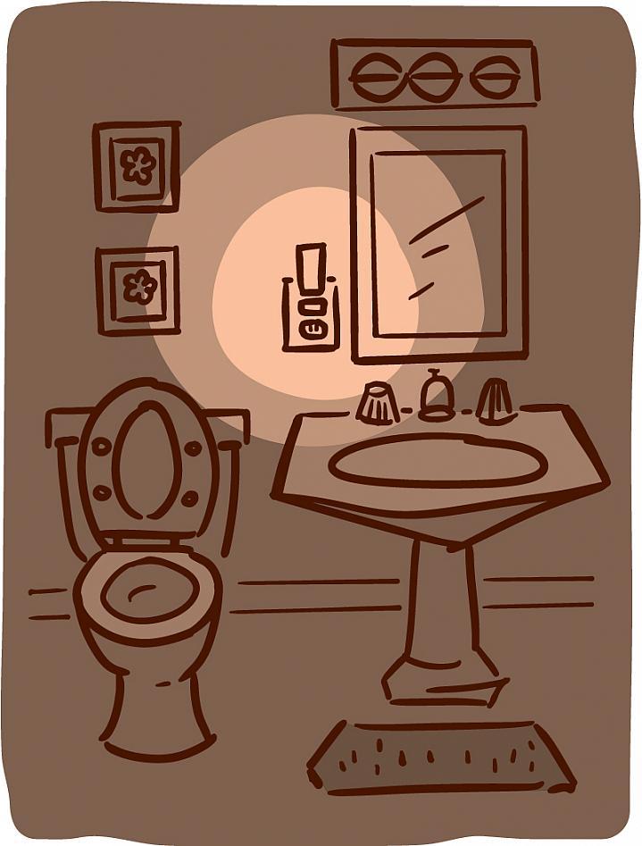 Ilustración de un inodoro y un lavamanos en un baño iluminado por luz eléctrica.