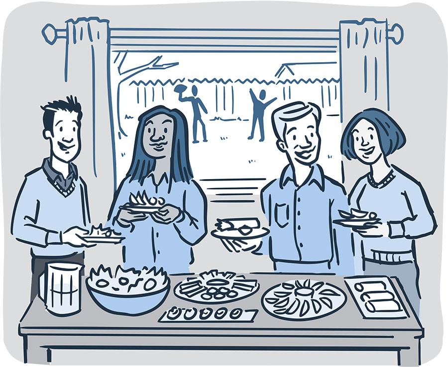 Ilustración de adultos en una mesa de buffet llena de alimentos saludables un día festivo.