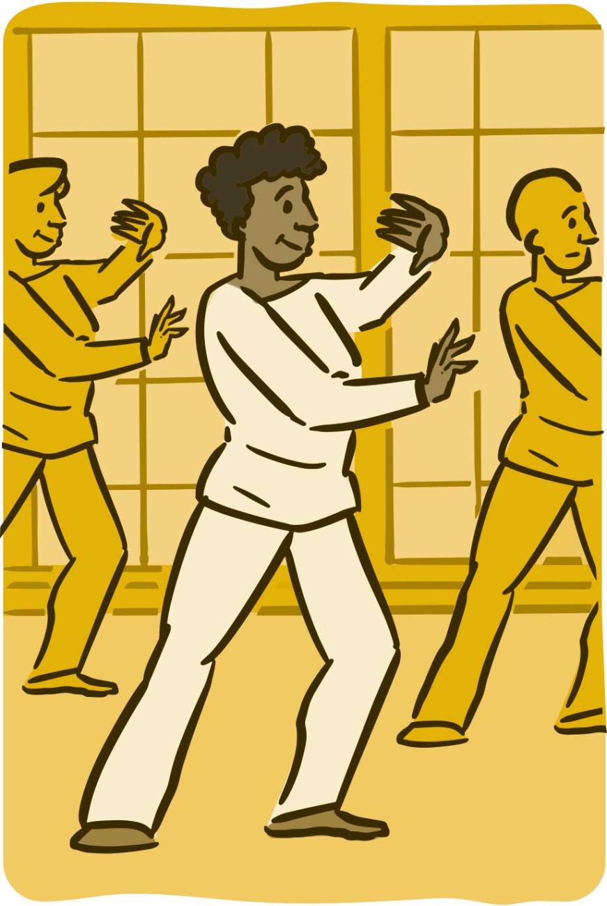 Ilustración de adultos mayores practicando Tai Chi.