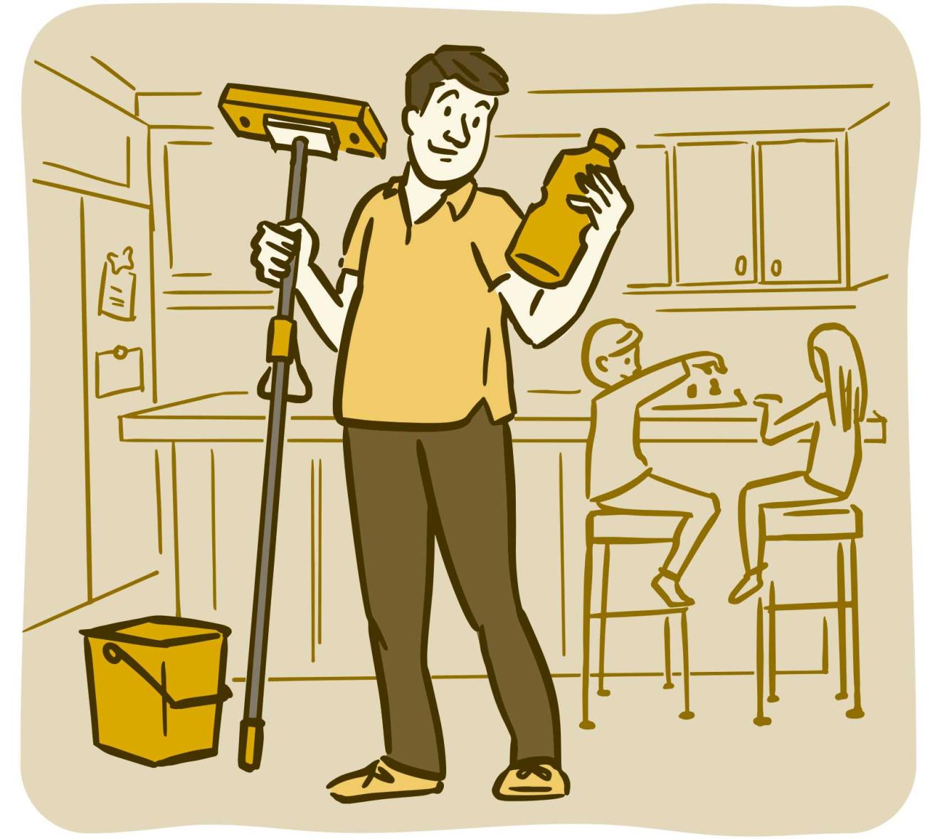 Ilustración de un padre sosteniendo un trapeador y leyendo la etiqueta de un producto de limpieza en la cocina.