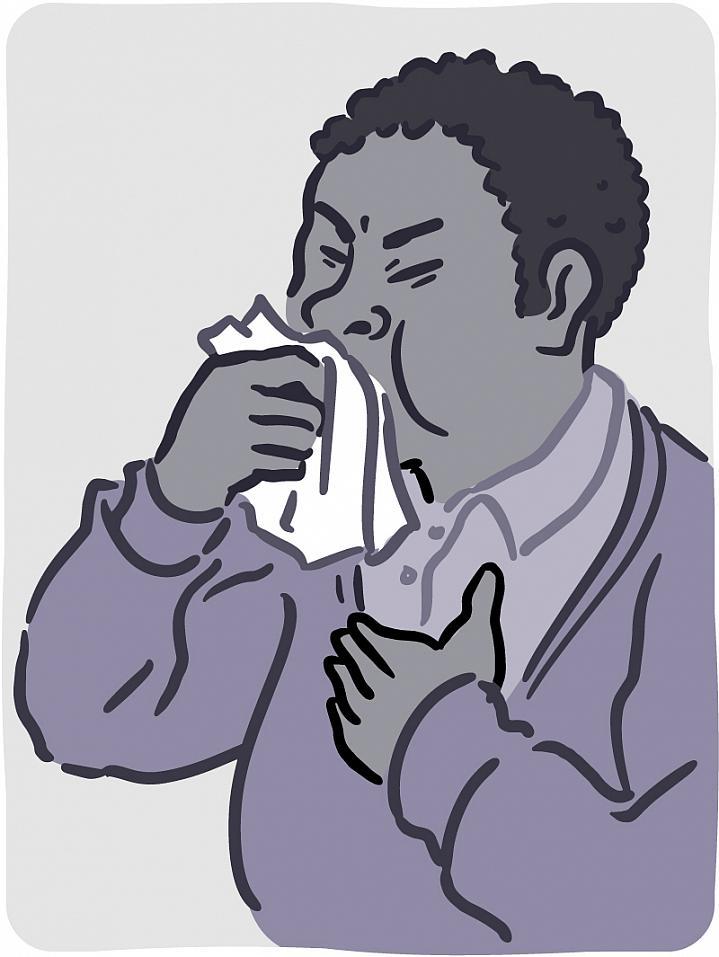 Ilustración de un hombre tosiendo en un pañuelo descartable.