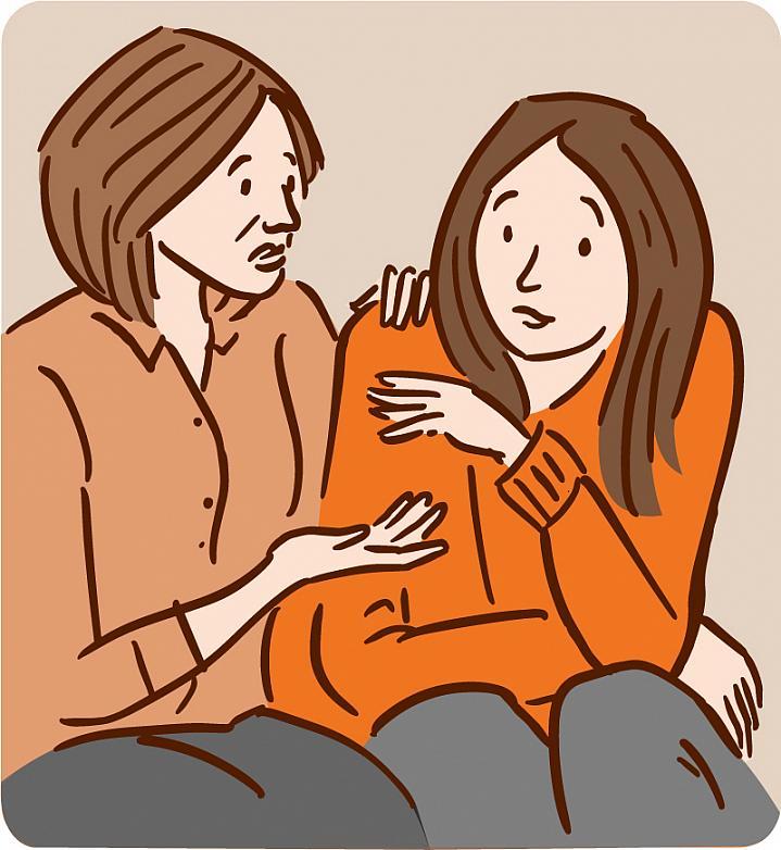 Ilustración de una madre hablando con su hija y consolándola
