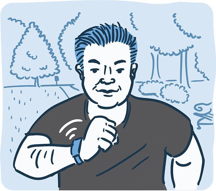 Ilustración de un hombre corriendo mirando un sensor de salud en su muñeca.