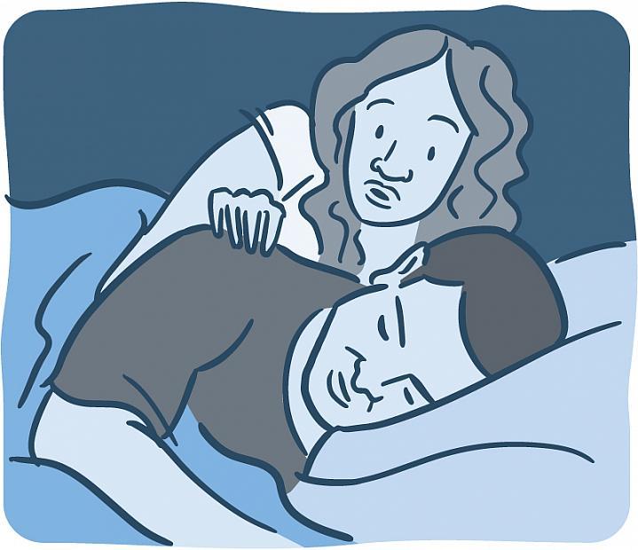 Ilustración de una mujer que despierta a su pareja en la cama.