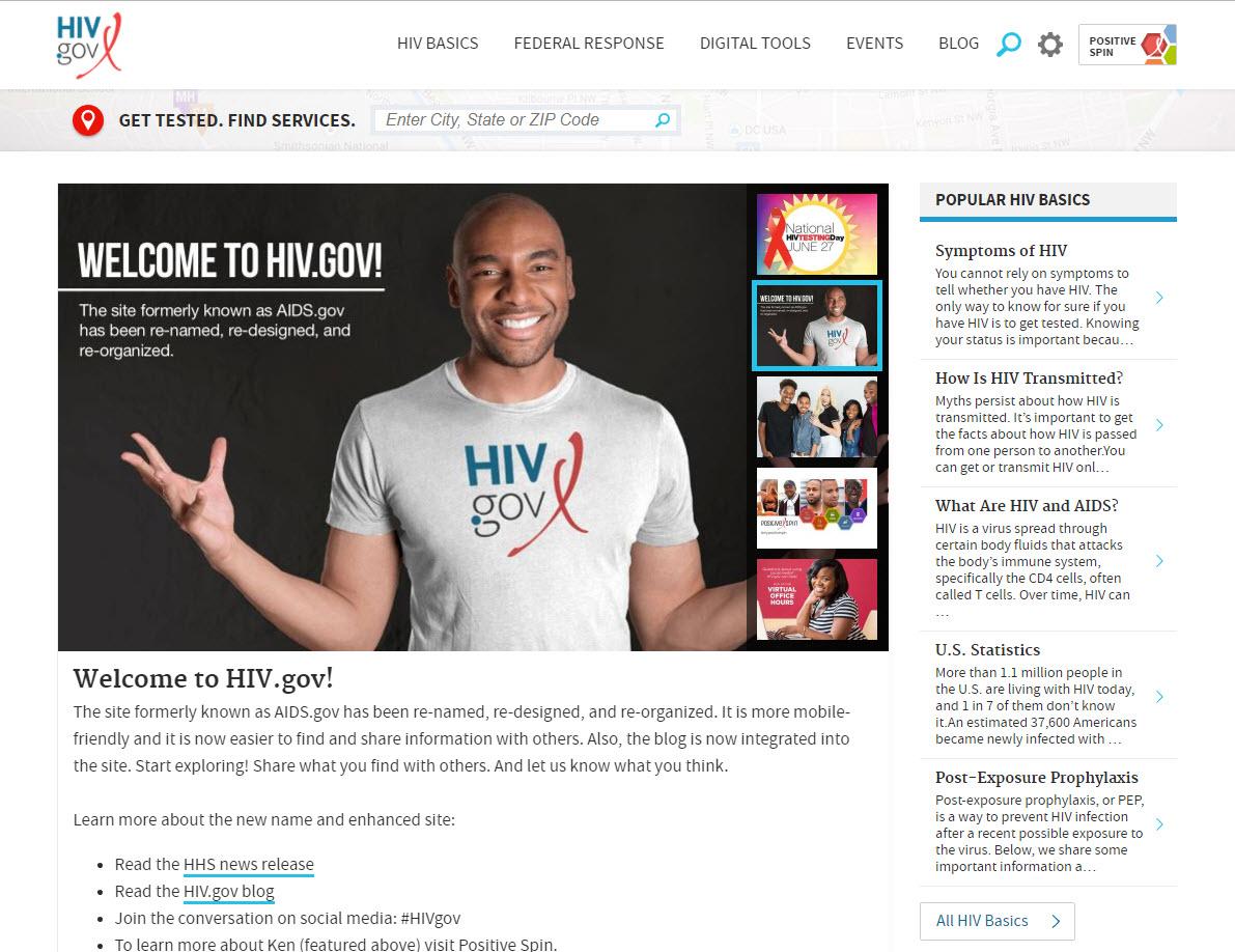 Captura de pantalla del sitio web de hiv.gov