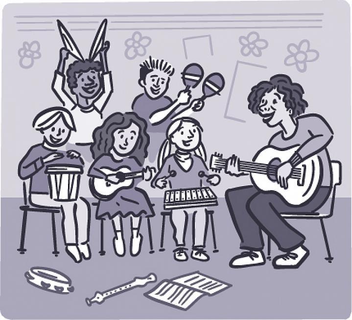 Ilustración de niños tocando música en un salón de clases.