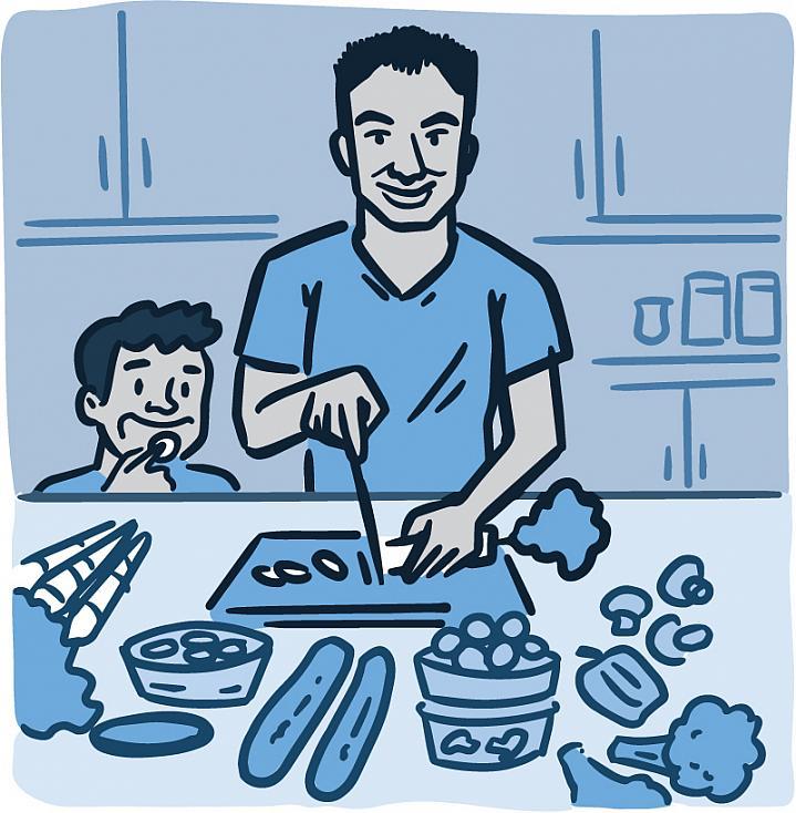 Ilustración de padre e hijo preparando una comida saludable juntos.