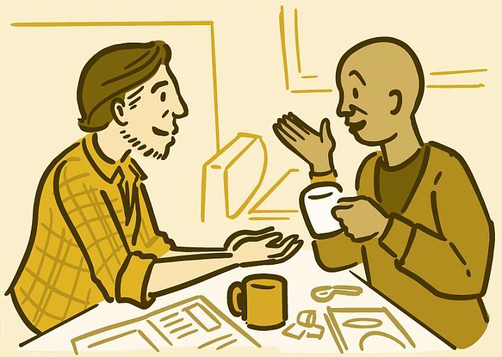 Ilustración de dos hombres que conversan y toman café 
