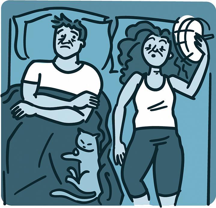 Ilustración de la mujer despierta en la cama con el marido y el gato