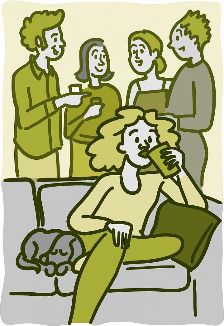 Ilustración de mujer sentada en un sofá con un perro, en una fiesta