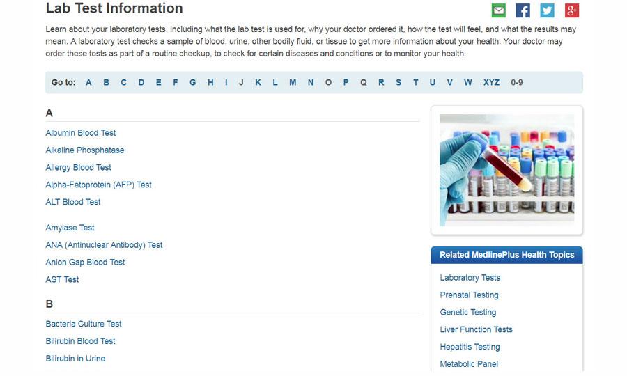 Captura de pantalla del sitio web sobre pruebas de laboratorio