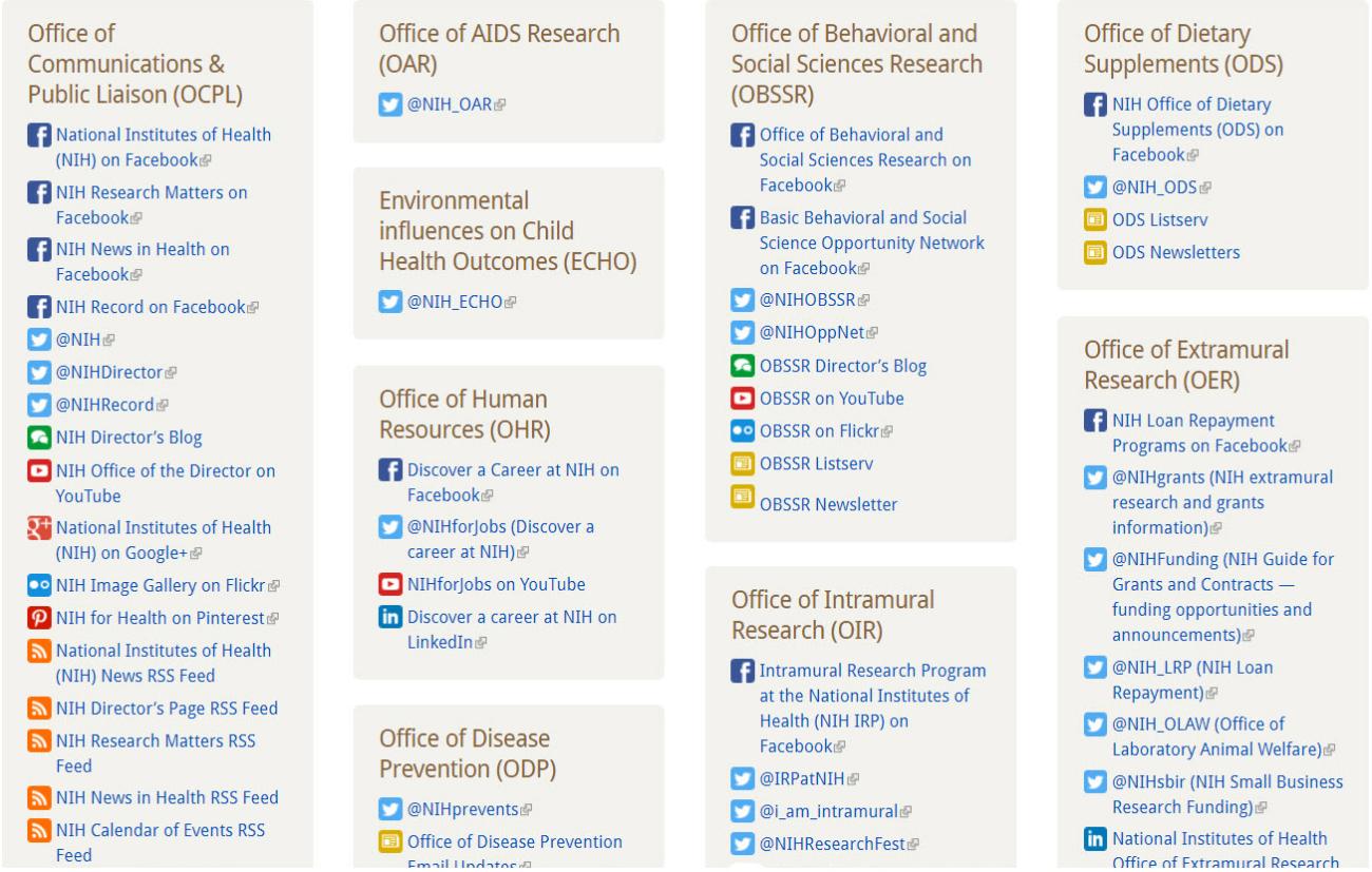 Captura de pantalla del sitio web de redes sociales de los NIH.