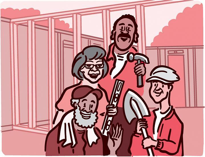 Ilustración de adultos mayores que se ofrecen como voluntarios para construir una casa