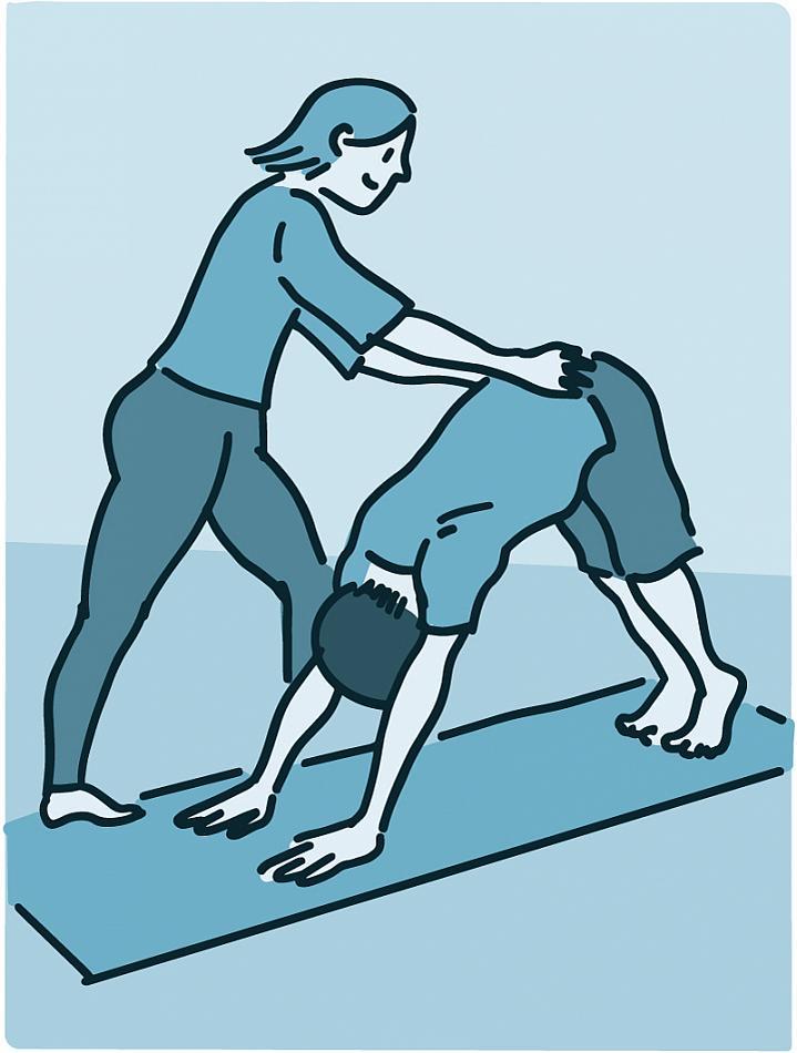 Ilustración de un instructor de yoga que ayuda a un estudiante con una posición de yoga.