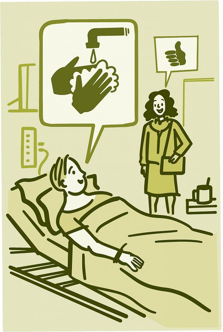 Ilustración de un paciente que le pregunta a una persona que visita el hospital si se lavó las manos