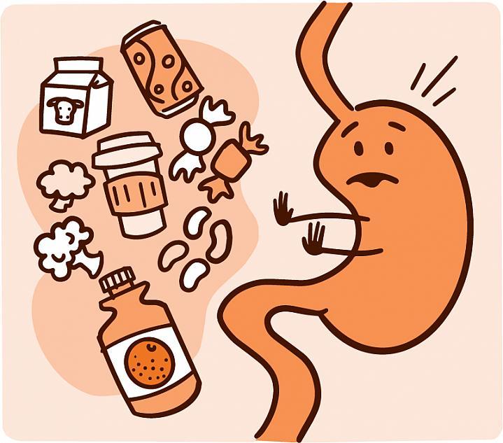 Ilustración de un estómago diciendo no a diferentes alimentos
