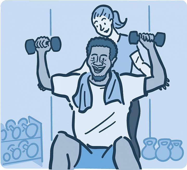 Ilustración de un hombre levantando pesas con un entrenador personal.