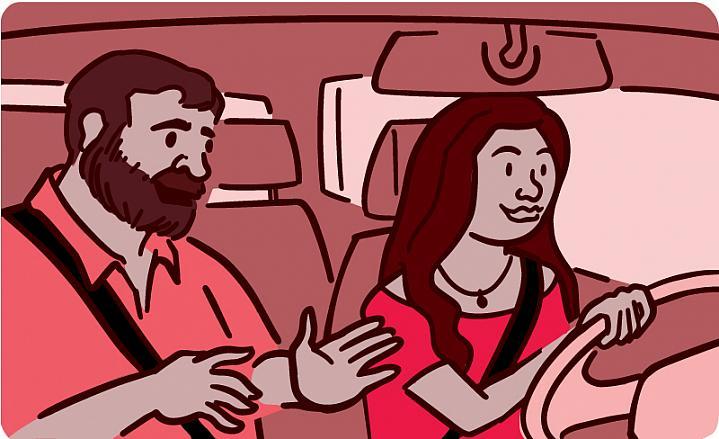 Ilustración de un pasajero en un automóvil que habla con el conductor