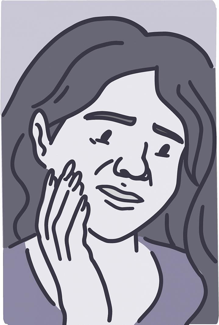 Ilustración de una mujer que sostiene su mandíbula con dolor.