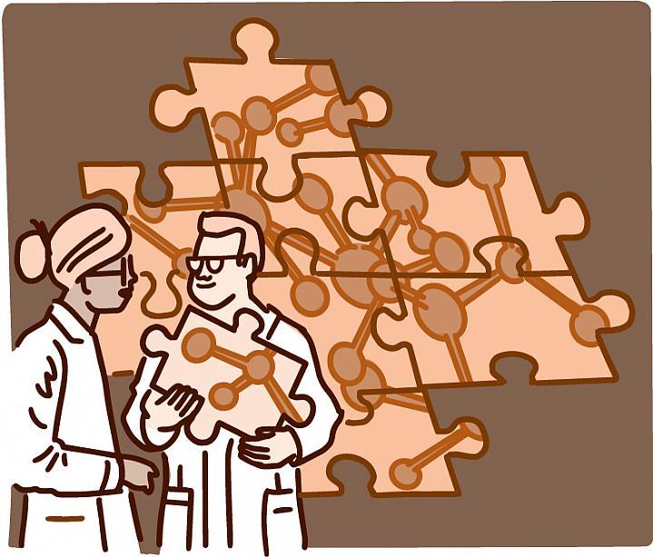 Ilustración de dos científicos hablando frente a un rompecabezas de un modelo complejo.