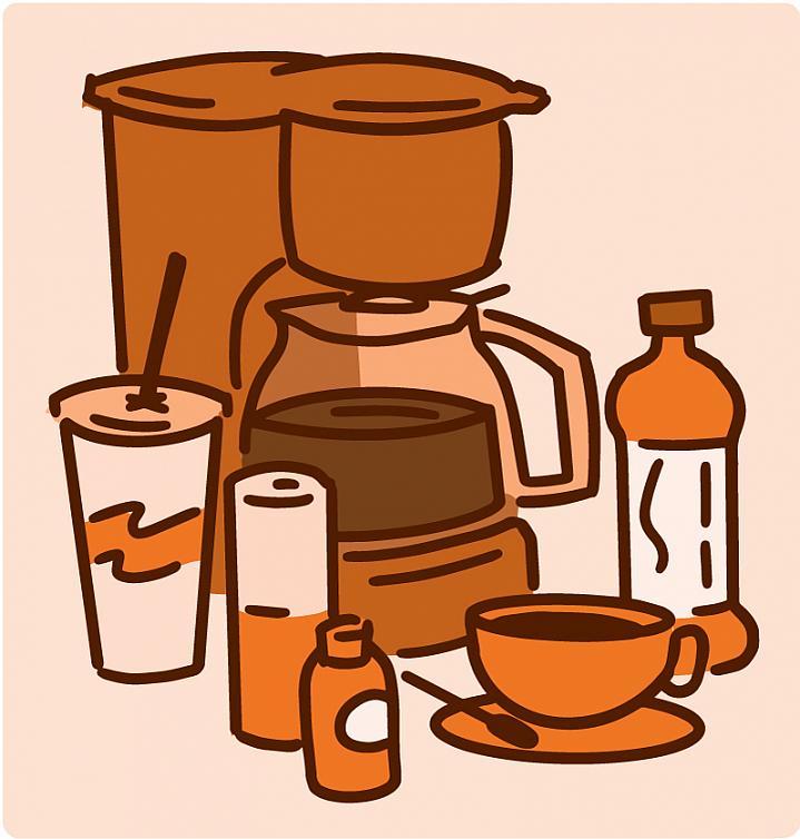 Ilustración de productos que contienen cafeína, incluidos café y té.