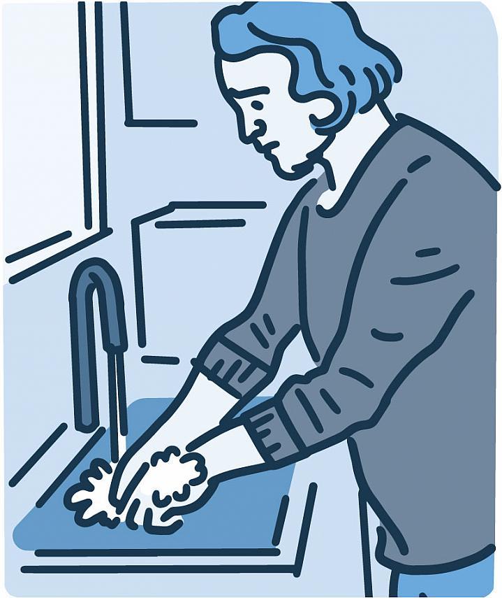 Ilustración de un hombre que se siente angustiado mientras se lava las manos