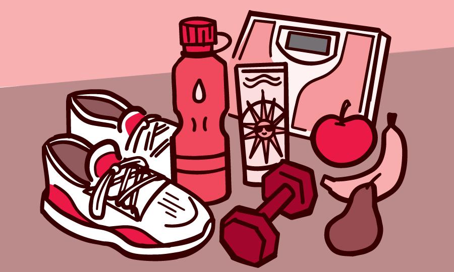 Illustration of weight scale, sunscreen, exercise equipment and fruit