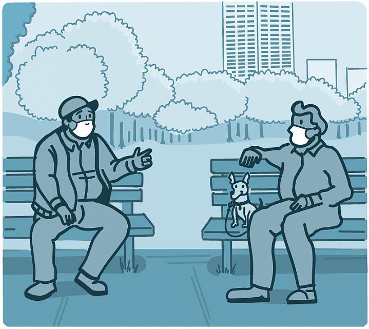 Ilustración de dos hombres con mascarillas mientras están sentados en los bancos del parque a 6 pies de distancia.